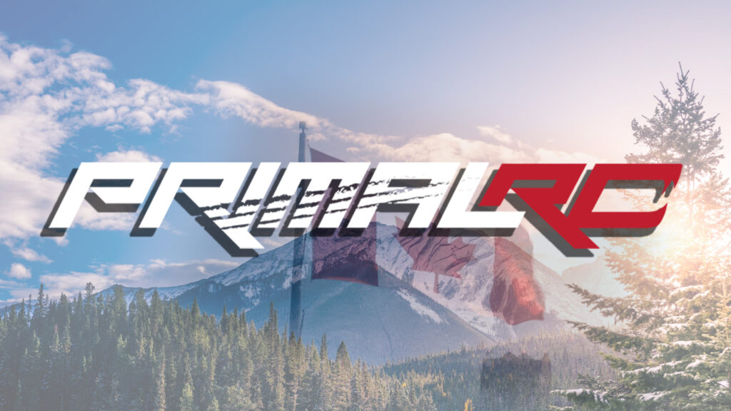 Primal RC Logo with a transparent mountian landscape and Canadian flag background